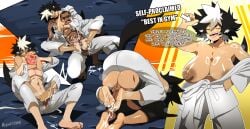 1girls 3boys badger_girl brandy_(meteorreb0rn) cum cumshot ejaculation feet foot_fetish footjob grappling jujutsu large_breasts martial_arts martial_arts_uniform meteorreb0rn oc orgasm original original_character submission_hold tan_skin topless
