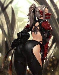 arched_back armor ass back back_cutout bow bracer bracers breasts dat_ass female female_only from_behind hairbow hand_on_hip highres houtengeki knot large_breasts long_hair looking_at_viewer looking_back mask monster_hunter monster_hunter_world odogaron_(armor) orange_eyes outdoors pauldrons ponytail silver_hair solo standing yellow_eyes