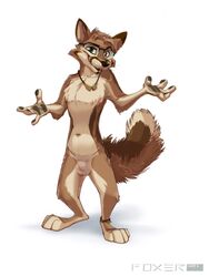 1boy 2018 4_fingers 4_toes animal_genitalia anthro barefoot brown_fur canine fox foxer421 fur furry glasses green_eyes hair hindpaw looking_at_viewer male male_only mammal navel no_nipples nude open_mouth original_character pawpads paws sheath simple_background smile solo standing testicles text toes watermark