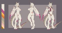 2018 amputee anthro ass barioth breasts capcom claws clothed clothing digital_media_(artwork) dragon fangs female flying_wyvern fur hair hi_res looking_at_viewer mocha-wing model_sheet monster_hunter nipples nude pseudowyvern pussy simple_background solo standing teeth trenya video_games wings wyvern