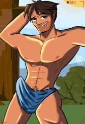 abs almost_naked almost_nude ass bara big_ass big_bulge big_butt big_chest big_pecs biting biting_lip biting_own_lip brown_hair brown_hair_male bulge bulge_through_clothing bulge_under_clothes butt chest conekitogin disventure_camp disventure_camp:_fans_vs_favorites flirting flirting_with_partner flirting_with_viewer forest forest_background gay happy_trail huge_chest huge_pecs nsfw pecs recording recording_on_phone recording_video sam_(disventure_camp) shiny_ass shiny_butt speedo speedo_only tan tan_body tanned tanned_skin tight_speedo tight_underwear yaoi