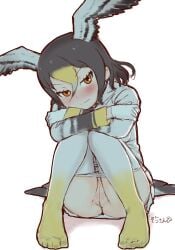1girl ass bird_girl bird_tail bird_wings black_hair blonde_hair blush brown_eyes brown_feathers brown_hair cleft_of_venus closed_mouth clothes_pull crossed_arms dot_nose elbows_on_knees eyelashes feathers feet full_body gloves gradient_legwear hair_between_eyes head_tilt head_wings highres jacket kemono_friends kemono_friends_3 knees_together_feet_apart knees_up leaning_forward long_hair long_sleeves looking_at_viewer masuyama_ryou medium_hair miniskirt multicolored_hair no_panties no_shoes northern_goshawk_(kemono_friends) orange_eyes orange_hair pantyhose pantyhose_pull pleated_skirt pulling_own_clothes pussy shirt short_hair simple_background sitting skirt smile solo tail toes two-tone_legwear uncensored white_background white_feathers white_gloves white_hair white_jacket white_pantyhose white_shirt white_skirt wings yellow_pantyhose