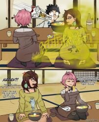 1boy 2girls ass ayase_momo black_hair brown_hair brown_hair_female butt curvy curvy_figure dandadan fart fart_fetish foggyfumes gassy_ass gassy_female male pink_hair pink_hair_female ramen shiratori_aira_(dandadan) short_hair short_hair_female short_hair_male takakura_ken_(okarun)