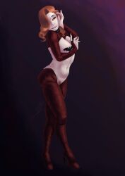 big_breasts big_thighs breasts cnbcustoms curvy curvy_body curvy_female curvy_figure curvy_hips eyes_half_open female female_focus head_tilt long_hair mole pubes pubic_hair red-haired_female red_hair simple_background smile solo_focus vampire vampire_girl vampire_teeth orange_eyes black_sclera reverse_bunnysuit reverse_bunny_costume reverse_bunny_suit pasties long_nails long_fingernails pale_skin pale-skinned_female pale_skinned_female pale-skin pale_body 1girl 1girls heels heel_boots bare_midriff bare_stomach