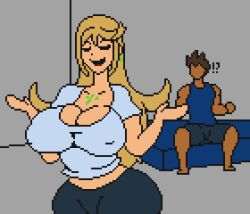 bed bedroom big_breasts blonde_hair blue_shirt brown_hair cleavage countmoxi leaving mythra mythra_(xenoblade) nipple_outline no_nut_november pixel_art rex_(xenoblade) thick_thighs white_shirt wide_hips wip xenoblade_(series) xenoblade_chronicles_(series) xenoblade_chronicles_2
