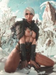 1girls 3d braid breasts cd_projekt_red ceeeeekc ciri female female_only freckles freckles_on_face green_eyes kovir light-skinned_female light_skin mascara nipples no_panties outdoors scar sketch_page snow solo solo_female tattoo the_witcher_(series) the_witcher_4 white_hair