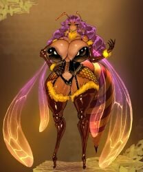 2024 animal_humanoid antennae_(anatomy) arthropod arthropod_humanoid bee_humanoid big_breasts breasts camel_toe female fingers gausscannon hair hand_on_hip hi_res humanoid hymenopteran hymenopteran_humanoid insect insect_humanoid purple_hair solo standing tail wide_hips wings