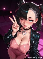 1girl 2026 ;p ai_generated alternate_breast_size anime aqua_eyes asymmetrical_bangs asymmetrical_hair bangs bed black_choker black_hair black_jacket blush boobs breasts choker cleavage collarbone covered_nipples crossover dress earrings eye_contact female female_focus flushed hair_ribbon heart heart-shaped_pupils highres indoors inside jacket jewelry large_breasts long_sleeves looking_at_viewer marnie_(pokemon) medium_hair nsfw one_eye_closed open_clothes open_jacket patreon patreon_username pigtails pink_dress pokemon red_ribbon ribbon rognezart selfie short_twintails smile smiling solo symbol-shaped_pupils tongue tongue_out twintails v