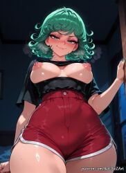 1girl 2026 ai_generated anime black_shirt blush boobs breasts breasts_out cleavage crossover curly_hair exposed_nipples eye_contact female female_focus flushed from_below green_eyes green_hair green_nails high-waist_shorts highres huge_breasts indoors inside large_breasts looking_at_viewer low_angle medium_breasts nail_polish night nipples nsfw one-punch_man patreon red_shorts rognezart shiny shiny_skin shirt short_hair short_shorts shorts smile smiling solo sweat sweaty tatsumaki thick_thighs thighs