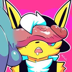 anthro balls canid canine dewott digital_media_(artwork) duo eeveelution erection fizzyjay fur generation_1_pokemon generation_5_pokemon genitals hi_res jay_(fizzyjay) jolteon male mammal nintendo open_mouth penis penis_on_face pokemon pokemon_(species) simple_background solo_focus yellow_body yellow_fur