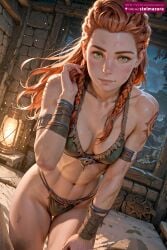 1girl 1girls 2d abs ai_assisted ai_generated aloy bandaged_arm bandages bare_shoulders bikini bodypaint bra braid breasts cleavage closed_mouth collarbone dirty fit fit_female forehead freckles green_bikini green_eyes hair_pulled_back horizon_forbidden_west horizon_zero_dawn lantern leaning_forward lips long_hair looking_at_viewer medium_breasts multiple_braids muscular muscular_female navel night orange_hair outdoors red_hair skinny small_breasts solo stelmazura swimsuit tattoo thighs toned toned_female