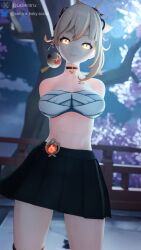 athletic athletic_female big_breasts big_thighs blonde genshin_impact glowing glowing_eyes looking_at_viewer low-angle_view low_angle moonlight outdoors samtrix skirt yellow_eyes yoimiya_(genshin_impact)