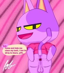 anal_request animal_crossing anthro anus balls bob_(animal_crossing) butt butt_grab dialogue domestic_cat felid feline felis fur genitals hand_on_butt hi_res looking_at_viewer male mammal nintendo oral_request purple_body purple_fur requesting rimming_request rob-posa sex_request solo speech_bubble spread_butt spreading suggestive_dialogue suggestive_pose