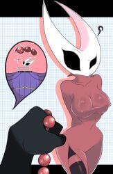 2026 2_horns animated arthopod beads black_body black_eyes blush blush_lines breast_grab breasts clothed clothing empty_eyes exclamation_point female fingers hand_on_breast heart_symbol hollow_knight_(franchise) horn hornet_(hollow_knight) nipple_outline prayer_beads question_mark rosary solo standing team_cherry throbo