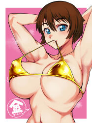 1girls armpits arms_behind_head artist_name big_breasts bikini bikini_top_lift blue_eyes breasts brown_hair busty cleavage clothes_lift covered_nipples erect_nipples_under_clothes female female_only gold_bikini highres kaga_kasama large_breasts lifted_by_self looking_at_viewer mouth_hold navel original original_character pose posing seductive seductive_smile sensual sexy sexy_armpits sexy_pose short_hair sideboob smile solo teasing toned underboob voluptuous