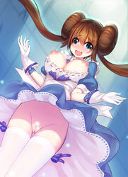 1girls areolae bad_id blue_background blue_bow blue_dress blue_eyes blush bottomless bow breasts breasts_out brown_hair double_bun dress dutch_angle eyebrows_visible_through_hair female female_only frills gloves hands_up highres human large_breasts long_hair looking_at_viewer nintendo nipples no_panties open_mouth pokemon pokemon_bw2 pussy ririko_(zhuoyandesailaer) rosa_(pokemon) short_sleeves smile solo standing tears thigh_gap thighhighs tied_hair twintails uncensored upskirt white_gloves white_legwear wind_lift