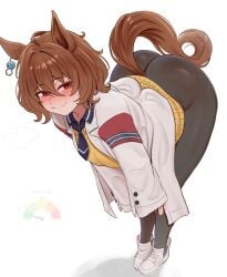 1girl 1girls absurdres agnes_tachyon_(tach-nology)_(umamusume) agnes_tachyon_(umamusume) ahoge animal_ears ass bent_over big_ass black_pantyhose blush brikot brown_hair coat commentary cortisol_level_(meme) earrings english_commentary full_body hair_between_eyes half-closed_eyes highres horse_ears horse_girl horse_tail jewelry lab_coat meme necktie nose_blush pantyhose red_eyes shoes short_necktie single_earring skin_tight sleeves_past_wrists smile solo sweater sweater_vest tail umamusume white_coat white_shoes wolf_cut yellow_sweater yellow_sweater_vest