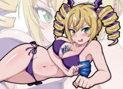 1girl bare_shoulders between_breasts bikini blonde-haired_female blonde_hair blue_sky blush breasts card card_between_breasts cleavage cloud collarbone cooler digimon digimon_card_game digimon_liberator drill_hair giga-kunskap green_eyes groin hair_between_eyes highres holding holding_card large_breasts long_hair looking_at_viewer lying multicolored_hair navel on_side open_mouth purple_bikini purple_hair shadow sidelocks sky solo stomach streaked_hair swimsuit trading_card twin_drills two-tone_hair violet_inboots wavy_mouth