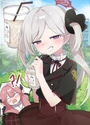 !? 2girls absurdres aru_(blue_archive) black_jacket blank_eyes blue_archive commentary commission cum cum_in_container cum_in_cup cup doodle_sensei_(blue_archive) drinking_glass drinking_straw grey_hair grin halo highres jacket long_hair multiple_girls mutsuki_(blue_archive) open_mouth pink_hair purple_eyes puru_(user_tfxh5575) red_halo red_skirt sensei_(blue_archive) side_ponytail skirt smile surprised
