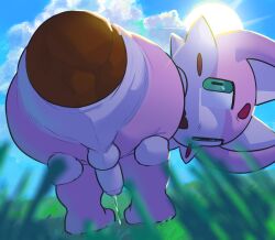anthro anus balls blush bodily_fluids cheek_tuft cloud crowning_feces day excessive_feces facial_tuft feces fur genital_fluids genitals grass green_eyes hi_res humanoid_genitalia humanoid_penis hyper hyper_feces hyper_scat male male_pooping nude nude_anthro nude_male open_mouth outside penis pink_body pink_fur plant pooping precum precum_string scat scathach_(fate) scatplay sky solo sun tiosqr tuft unknown_species white_body white_fur
