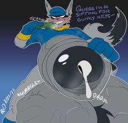 anthro balls big_balls big_penis bodily_fluids cock_vore condom_wrapper cum cum_drip cum_vore dialogue digestion dripping erection first_person_view fur genital_fluids genitals grey_body grey_fur hi_res huge_balls huge_penis hyper hyper_balls hyper_genitalia hyper_penis imminent_vore low-angle_view male male_pred mammal penile penis procyonid raccoon rxq same_size_vore sly_cooper sly_cooper_(series) sony_corporation sony_interactive_entertainment sucker_punch_productions text threatening_vore vein veiny_penis vore