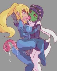 2girls all_the_way_through anilingus attea ben_10 ben_10_omniverse blonde_hair blue_eyes blushing cartoon_network crossover eastern_and_western_character extreme_french_kiss female_only femdom forced_kiss french_kissing frog_girl green_skin kissing long_tongue metroid nintendo penetration saliva saliva_trail samus_aran thick_thighs tongue_in_anus tongue_in_throat ungulatr yuri