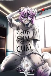 2024 accessory anthro bandage bandage_on_face bandage_on_knee bandage_on_nose bodily_fluids bottomless bottomless_anthro bottomless_female clothed clothing cum cum_drip cum_in_vagina cum_inside cum_on_ground cum_on_leg cum_pool dripping ear_chain ear_piercing eyebrow_piercing eyewear facial_piercing felid feline female female_anthro fynnley_(character) genital_fluids genitals glasses hair hair_accessory hairpin hand_behind_head heart_symbol hi_res humanoid_genitalia humanoid_vulva i'm_full_of_cum kneeling mammal pawpads piercing pink_hair pink_pawpads presenting presenting_cum_inside presenting_vulva serval shelf shirt simple_background solo spread_legs spreading t-shirt tai_l_rodriguez tinted_glasses topwear vulva wearing_glasses window