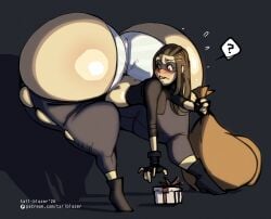 1girl ass ass_expansion black_hair blush boots burglar domino_mask female_burglar gift gigantic_ass huge_ass long_hair original sack solo spoken_question_mark tail-blazer thick_ass thick_thighs torn_clothes torn_pants white_panties