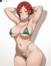 1girl 1girls ai_generated armpits arms_behind_head bikini body_freckles breasts closed_mouth collarbone earrings freckles green_bikini green_eyes hi_res high_quality high_resolution highres large_breasts legs_together light lips looking_at_viewer midriff navel opal_nemy opalnemy patreon_logo patreon_url patreon_username plain_background red_hair self_upload shadow shiny shiny_clothes shiny_hair shiny_skin simple_background single_hair_bun smile solo standing swimsuit the_witcher_(series) thick_thighs thighs triss_merigold watermark white_background wide_hips