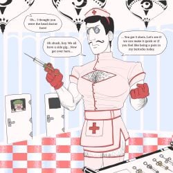 mr_shrink psychiatrist psychiatry psychiatric_treatment psychotic antipsychotic medical_instrument medical_gloves medical_play medical_syringe medical_fetish pince-nez nurse nurse_hat nurse_cap nurse_uniform nurse_clothing nurse_outfit nurse_headwear mustache moustache facial_hair body_hair dark_hair straight_hair neat_hair styled_hair unimpressed at_work side_gig side_slit pouch pouch_(clothing) red_cross high_collar boob_window male male_only male_focus cameo funny_background_event pastel pastel_colors holding_syringe syringe syringes multiple_boys indoors no_sex crossdressing hairy hairy_male crossdressing_male crossdressing_(mtf) skimpy skimpy_clothes skimpy_bikini skimpy_outfit skimpy_dress skimpy_costume skimpy_skirt hairy_legs hairy_chest hairy_arms muscular muscular_male muscular_thighs man_breasts man_boobs man_tits male_breasts male_boobs male_tits digital_media_(artwork) digital_drawing_(artwork) english_text english original original_character thigh_highs thighhighs thighhigh_stockings degredation hallucination hallucinating hallucinations humiliating humiliation 2boys male_pov imminent_pain angry angry_face angry_expression angry_male beckoning beckoning_viewer