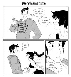 spicymancer actirangers actiranger_yellow_(spicymancer) actiranger_red_(spicymancer) hetero comic couple_(romantic) girlfriend hoodie shushing finger_to_mouth ponytail naughty_face freckles sports_bra blush sideburns 1girls 1boy 1boy1girl duo medium_breasts looking_at_another