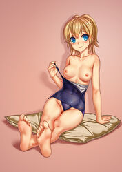 absurdres barefoot blonde_hair blue_eyes breasts breasts_out feet female long_hair looking_at_viewer pov pussy regalia_the_three_sacred_stars smile soles swimsuit swimsuit_aside toes yuinshiel_asteria