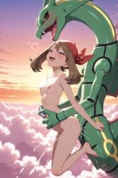 1boy 1girls ai_generated arms_around_partner arms_around_waist bandana blue_eyes breasts brown_hair canlab3939 cloud cum cum_inside holding_partner legendary_pokemon looking_at_another looking_up may_(pokemon) midair midair_sex nude open_mouth open_smile pokemon pokemon_(species) pokemon_rse pokephilia rayquaza sex sex_in_the_air sky smile sunset