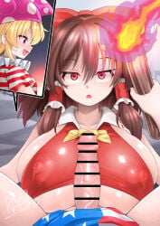 1futa 1girls american_flag artist_signature big_breasts big_penis blushing breasts censor_bar censored clothed_sex clownpiece cock cock_on_chest futanari hypnosis hypnotized imminent_paizuri imminent_rape nipples_visible_through_clothing paizuri penis raped_by_futa ras_(ras33635191) red_bow reimu_hakurei simple_background sweatdrop torch touhou touhou_project veiny_penis