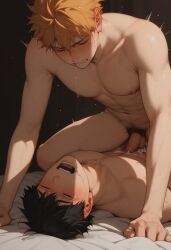 ai_generated comfyui stable_diffusion gay male male/male anal muscular muscular_male sweat oiled shiny_skin ass_focus from_behind ahegao tongue_out drooling cum_drip intense_sex haikyuu!! tobio_kageyama kageyama_tobio shoyo_hinata