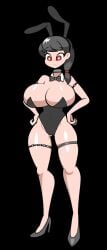 1girls adjusting_clothes adjusting_leotard animated black_clothing black_footwear black_hair black_leotard bouncing_breasts breasts bunny_ears bunnysuit bursting_breasts cleavage clothing curvy detached_head dullahan female female_only full_body gif high_heels highres holding large_breasts leotard long_hair looking_down minus8 open_mouth original original_character red_eyes shiny shiny_skin solo standing teeth thick_thighs thighhighs thighs transparent_background white_pupils wrist_cuffs