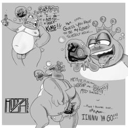 1:1 alcohol ambiguous_gender amphibian anal anal_vore balls beer beer_bottle belly belly_overhang beverage bodily_fluids bottle burp_bubble burping comic container crown cruelty drooling drunk duo english_text flaccid forced foreskin frog genitals headgear hi_res in_bubble invalid_tag kooza male male_pred monochrome navel overweight penis profanity saliva sequence silhouette silhouetted_body slightly_chubby snot substance_intoxication text tongue tongue_out trapped vore wart_(mario)