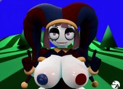 jester_(duffyfilmz) pomni_(the_amazing_digital_circus) pomni creepy analog_horror jester jester_hat jester_outfit big_breasts big_ass thick_thighs female_only female 3d 3d_(artwork) horror_(theme) 1girl alternative_universe brown_hair mismatched_gloves mismatched_pupils, breasts breasts_out teasing boobs_out nipples