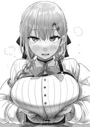1boy 1girls absurdres alternate_breast_size bar_censor big_breasts blush bow bowtie braid breasts breasts_squeezed_together buttons censored chest_harness collared_shirt commentary erection grabbing_own_breast greyscale hair_bow hair_ornament hakase_fuyuki hakase_fuyuki_(10th_costume) half_up_braid harness hetero highres huge_breasts jacket kaiman_garupan large_breasts light_smile long_hair long_sleeves looking_at_viewer monochrome nijisanji off_shoulder open_mouth paizuri paizuri_lead_by_female paizuri_on_lap paizuri_under_clothes penis pov pov_eye_contact pov_paizuri shirt simple_background steaming_body straight sweat twin_braids virtual_youtuber white_background