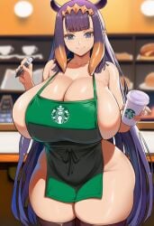 ai_generated apron apron_only barista big_breasts cleavage coffee_cup holding_marker hololive hololive_english huge_breasts iced_latte_with_breast_milk large_breasts marker ninomae_ina'nis starbucks_barista starbucks_uniform thick_thighs virtual_youtuber wide_hips