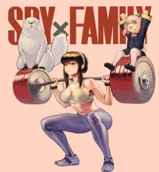 2girls adoptive_daughter adoptive_mother anya_forger barbell big_ass big_breasts blush bond_(spy_x_family) dog exercise exercise_clothing happy lifting lifting_person mr_tangsuyuk skintight spy_x_family sweat sweatdrop sweating yoga_pants yor_briar