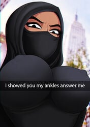 1girls arabian burka clothing curvy erect_nipples female female_only hijab islam large_breasts looking_down meme mole mole_under_eye muslim nipple_bulge niqab shadman snapchat solo text