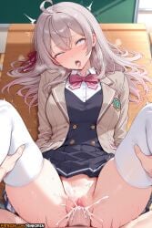 1boy 1girl ahe_gao ahegao ahoge ai_assisted ai_generated alisa_mikhailovna_kujou anime anime_girl anime_style artist_name bangs blazer blue_eyes blush bow bowtie breasts clothed_sex cum cum_in_pussy desk grey_hair hair_ribbon hetero hi_res highres jacket large_breasts long_hair long_sleeves lying missionary on_back open_mouth overflow patreon patreon_username penis pussy ribbon rinkoai rolling_eyes roshidere saliva school_uniform sex shirt skirt solo_focus spread_legs sweat thighhighs tokidoki_bosotto_russian_de_dereru_tonari_no_alya-san tongue tongue_out uncensored vaginal watermark white_shirt white_thighhighs