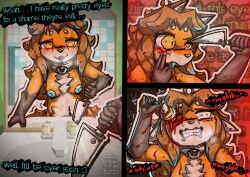 absurd_res anthro blood blue_nipples blush bodily_fluids breasts canid canine dialogue digital_media_(artwork) eyeball female fox fur genitals glistening glistening_body glowing gore gore_focus hair hi_res holding_object intelfox_(intelfox51) khalfy_kun knife knife_play looking_at_viewer mammal masochism nipples nude nude_anthro nude_female open_mouth penetration regret scared self-harm simple_background smile solo standing tail teeth text tongue weapon wide_eyed wounded