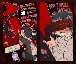 neppyin expunged_(rapparep) expunged_(moldygh) oc self_upload self_insert blowjob blowjob_face dialogue dominant dominant_male hat sitting worship commission dave_and_bambi_mod fnf_mods fnf_mod black_body red_body semen_in_mouth semen trail blushing holding_head holding_balls balls ballsack sweat sweater penis