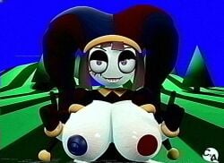 1girl 3d 3d_(artwork) alternative_universe analog_horror big_ass big_breasts boobs_out breasts breasts_out brown_hair creepy female female_only horror_(theme) jester jester_(duffyfilmz) jester_hat jester_outfit mismatched_gloves mismatched_pupils, nipples pomni pomni_(the_amazing_digital_circus) solo teasing the_amazing_digital_circus thick_thighs vhs vhs_filter