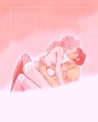 1boy 1girl 2girls bizzaro_jo black_hair blush bob_cut breasts bruno_buccellati bruno_bucciarati closed_eyes girl_on_top hair_over_eyes hands_on_another's_hips hetero jojo's_bizarre_adventure kiss long_hair medium_breasts multiple_girls nude panties pink_background pink_hair pink_theme short_hair sideboob straddling tattoo topless topless_male trish_una underwear vento_aureo wavy_hair