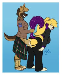 2026 alexnik ambiguous_penetration anthro big_penis blonde_hair bodily_fluids bottomwear brown_body brown_fur canid canine canis clothing collared_shirt crop_top cum digital_media_(artwork) domestic_dog dress_shirt duo female fur genital_fluids genitals german_shepherd hair herding_dog hi_res humanoid_genitalia humanoid_penis kilt male male/female mammal open_mouth open_smile pants pastoral_dog penetration penis plantigrade ponytail purple_body purple_eyes purple_fur purple_hair sex shirt smile tail tail_grab tongue tongue_out topwear torn_bottomwear torn_clothing torn_pants yellow_body yellow_fur