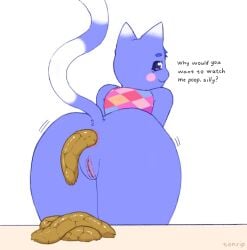 animal_crossing anthro anus artist_name asking_viewer bent_over blue_body blue_fur bottomless bottomless_anthro bottomless_female butt clothed clothing dipstick_ears domestic_cat ear_markings english_text feces feces_pile felid feline felis female female_pooping fur genitals hi_res looking_at_viewer looking_back looking_back_at_viewer mammal multicolored_ears nintendo pink_cheeks pooping purple_eyes raised_tail rear_view rosie_(animal_crossing) scat scatplay simple_background smile solo tail talking_to_viewer text tonrip vulva white_background white_body white_fur