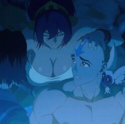 1boy 1girls aang aged_up airbender_tattoo avatar_legends avatar_the_last_airbender bare_shoulders big_breasts blind breasts busty clevage female grey_eyes huge_breasts large_breasts male momo_(avatar) muscular muscular_male nickelodeon nickelodeon_animation_studio screencap screenshot screenshot_edit the_legend_of_aang toph_bei_fong